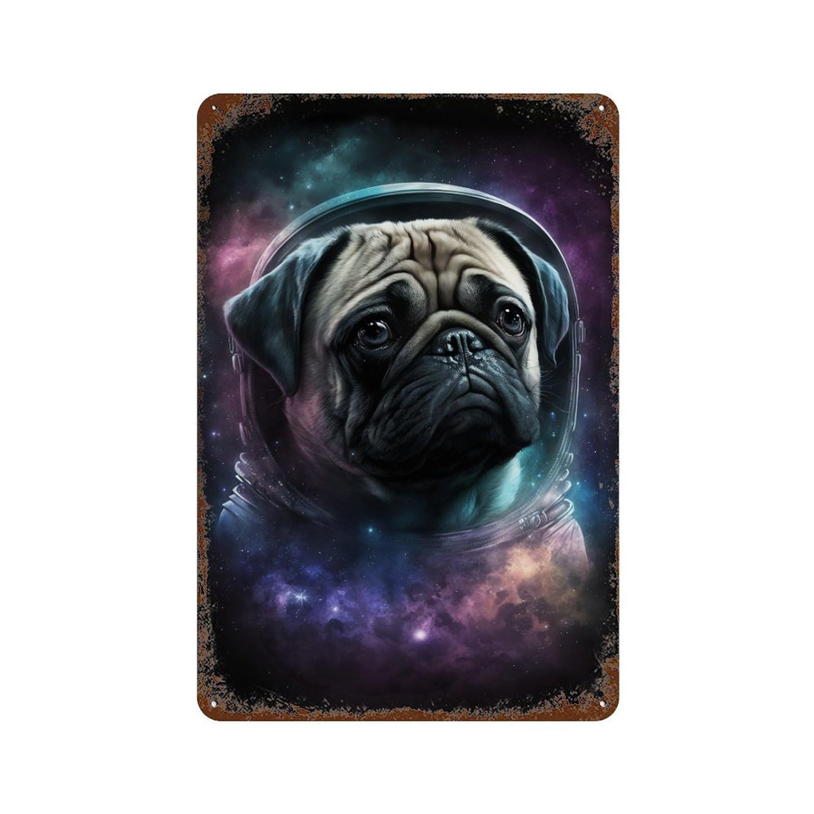 Space Pug Adventure T-Shirt Rust Effect Tin Sign 11.8"x7.9", Rustic Home Decor for Garage, Pub Or Kitchen