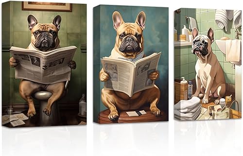CXHOSTENT Divertido arte de pared de baño de 3 piezas de perros en el inodoro, impresiones en lienzo de bulldog francés, pintura de animales,