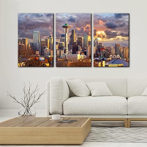 Pacimo Seattle Cityscape - Juego de 3 lienzos enmarcados en lienzo con diseño de paisaje urbano, perfecto para la decoración moderna del hogar,