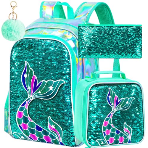 Image of 16 inch Mermaid Backpack for Girls, 3Pcs Sequin Fish Tail School Backpacks Set for Elementary Preschool Kindergarten, Kids Bookbag with Lunch Box (Green)