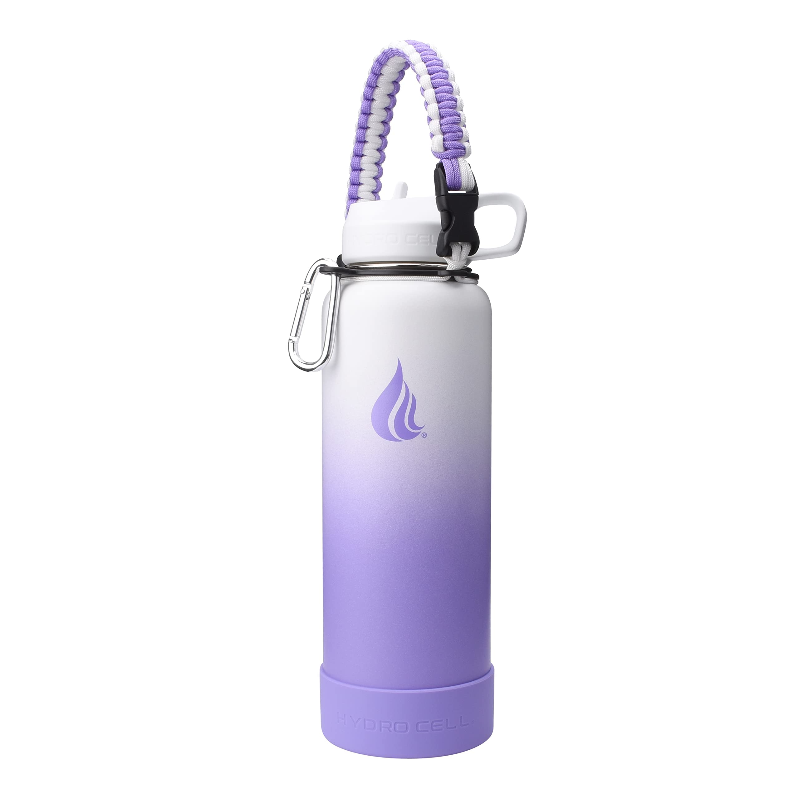 HYDRO CELL Stainless Steel Water Bottle w/Straw & Wide Mouth Lids (Lavender/White 40oz with Lavender Protective Silicone Bottom Boot, Lavender/White Paracord Handle and White Sports Cap w/Straw)
