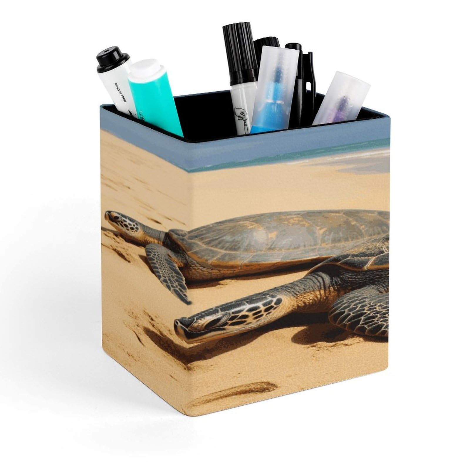 FekiLoot Turtles on The Beach Pencil Holder for Desk Square Leather Pen Holder Cup Desktop Organizer Multi-Functional Pencil Cup Holders Modern Decorative Desk Organizer Caddy Makeup Brush Holders