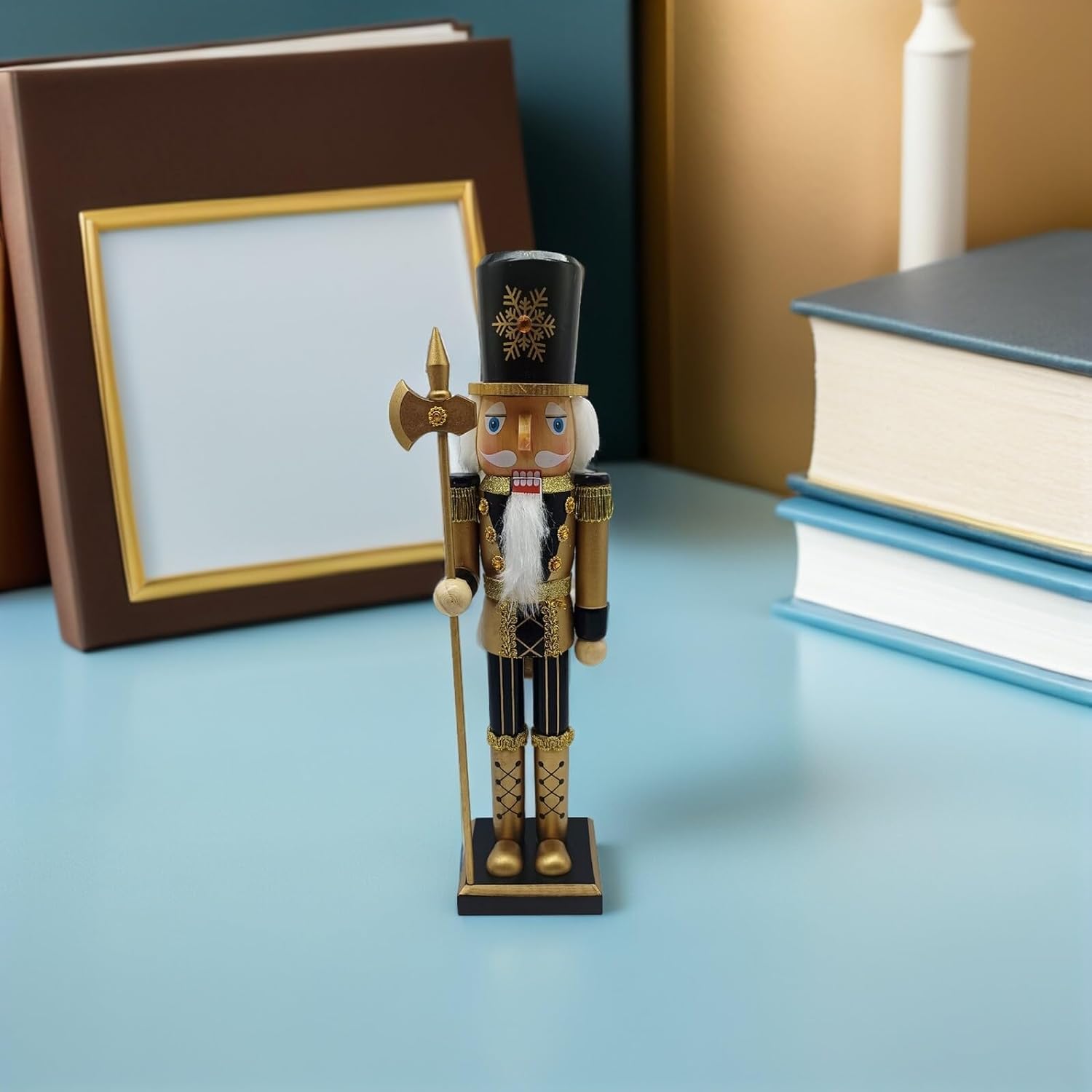 Traditional Black and Gold Wooden Nutcracker Soldier Figure, Christmas Nutcracker Ornament for Holiday Tabletop Décor and Festive Home Display