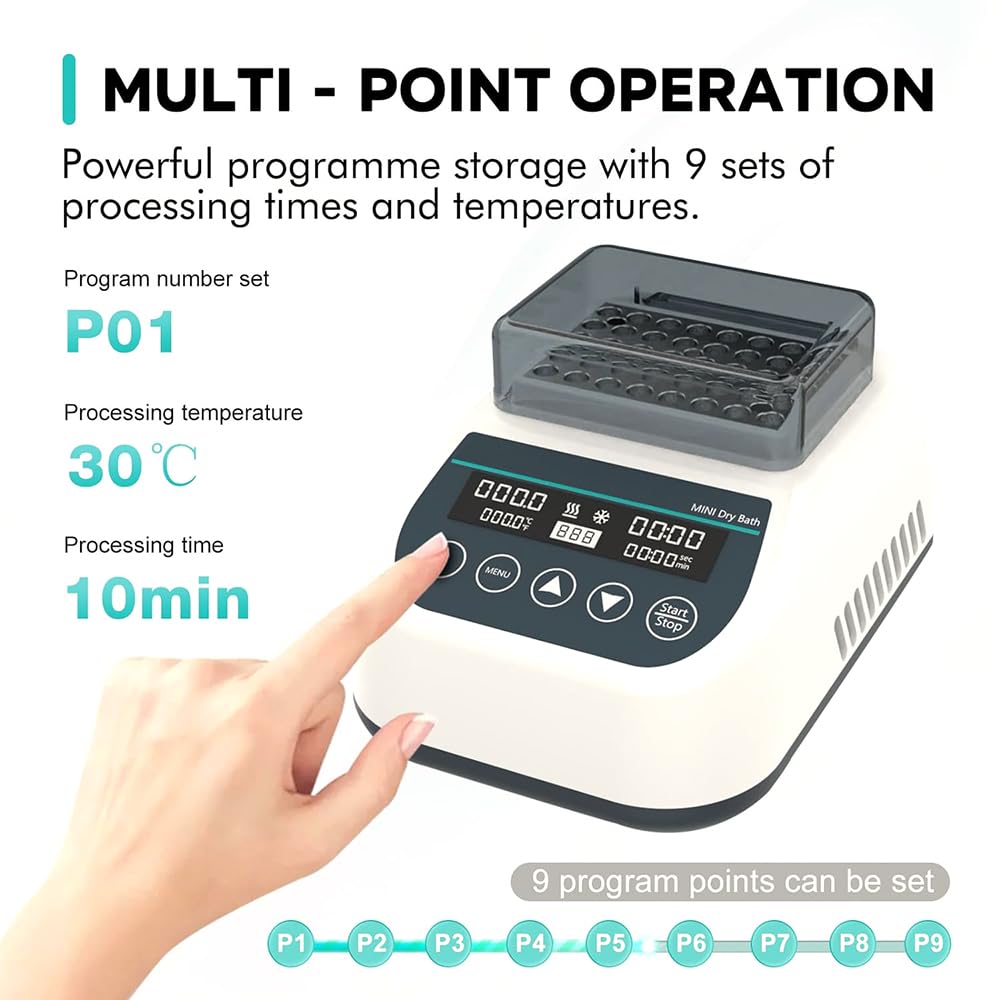 Mini incubadora de baño seco, calefacción y refrigeración de laboratorio, 9 configuraciones de programa, control termostático, tubos de 0,2/0,5/1,5/2 ml, para secado de reactivos químicos