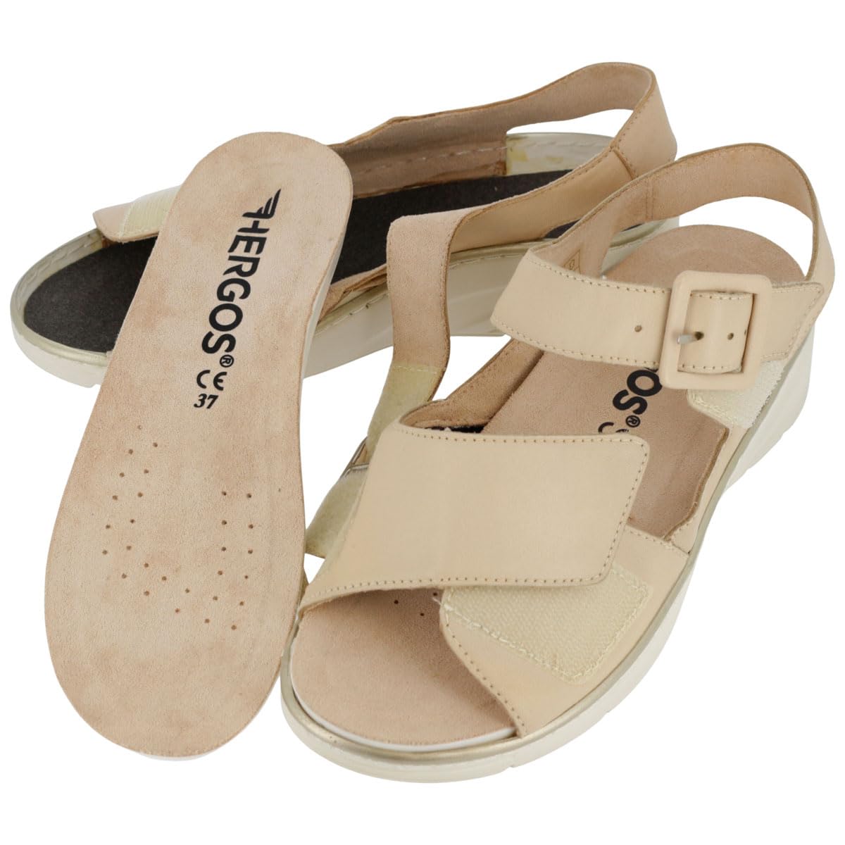 Hergos H5801 - Sandalo donna in pelle morbidssima e tessuto elasticizzato a doppia fascia con plantare estraibile - Carmen/Griselast Beige