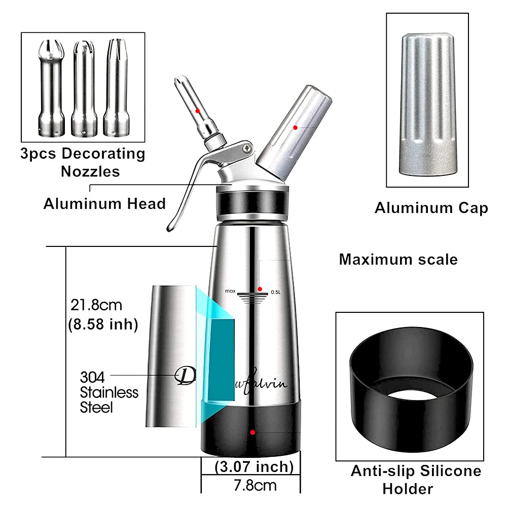 500 ml sifón de Cocina espumas Acero Inoxidable extraíble sifon de Nata Aluminio con 3 boquillas Acero Inoxidable y 1 Cepillo, dispensador de Crema para