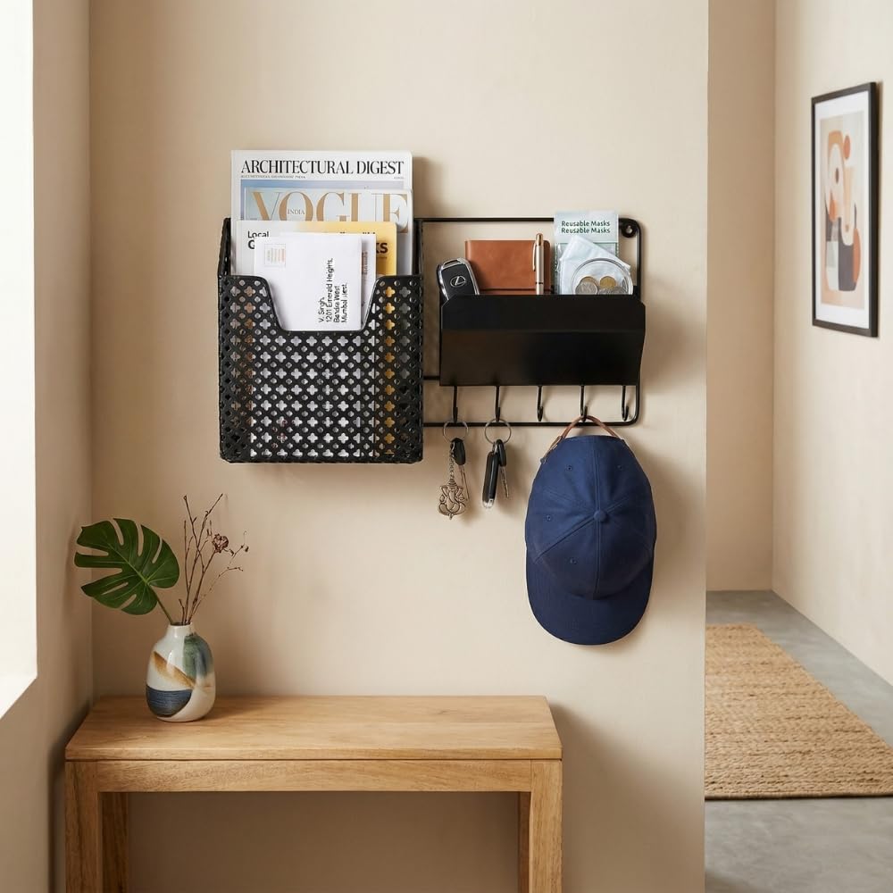 Modern Wall Decor Items for Living Room | Minimalist Key Holder for Home Decor Stylish | Metal Wall Shelf & Key Holder Wall Mount with Mail Basket for Elegant Entryways-image-30
