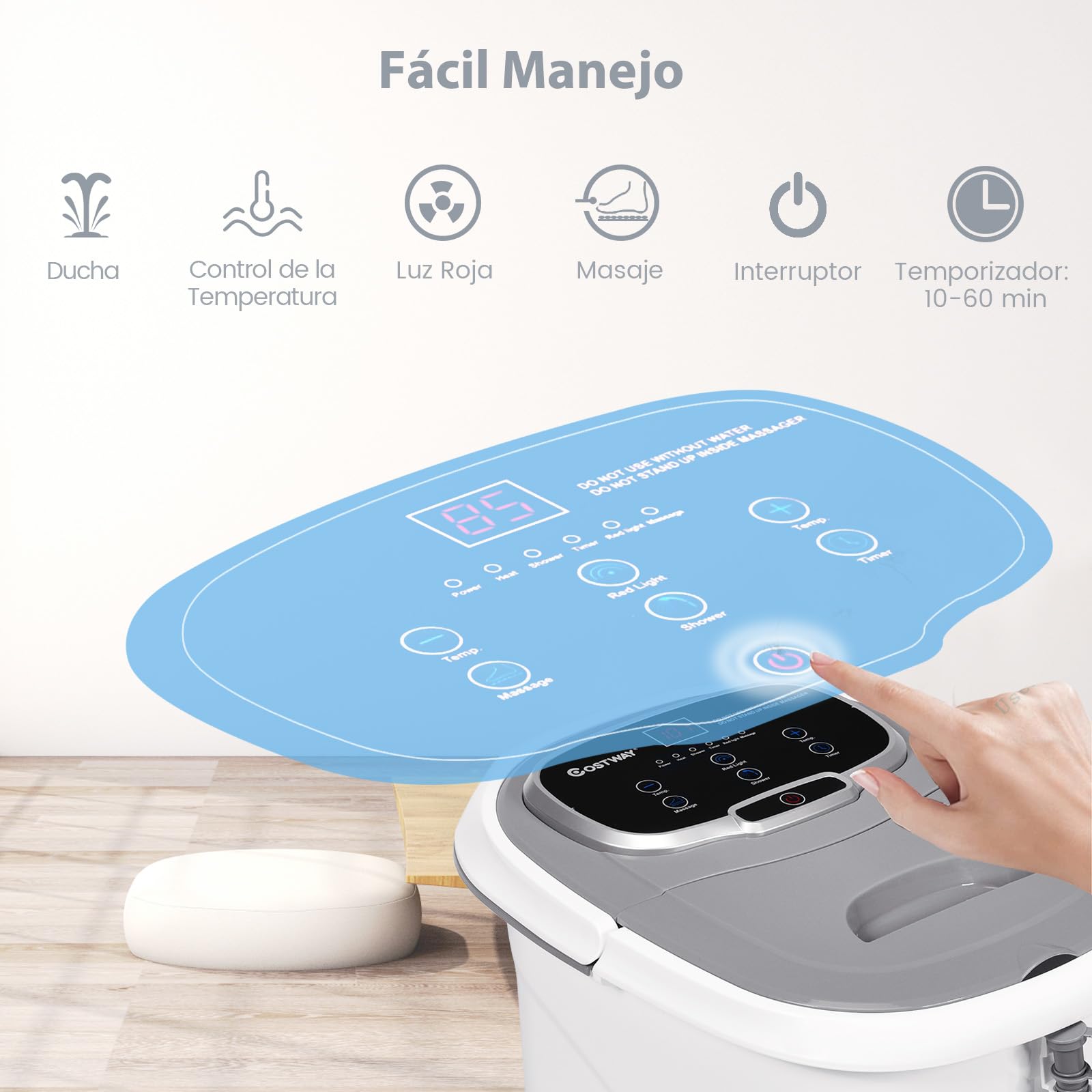 RELAX4LIFE Bañera de Pies Hidromasaje con Ruedas Universales y Bloqueables y Placa de Masaje Extraíble, Baño de Masaje Eléctrico con Temporizador 10-60 min y Temperatura Ajustable 35-48° (Gris)
