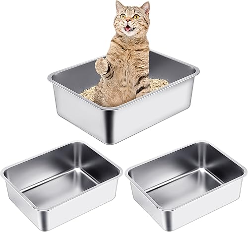 Miniatura 8 de Paquete de 3 cajas de arena de acero inoxidable, caja de arena extra grande para gatos, bandeja de arena de metal con lados altos, nunca absorbe el