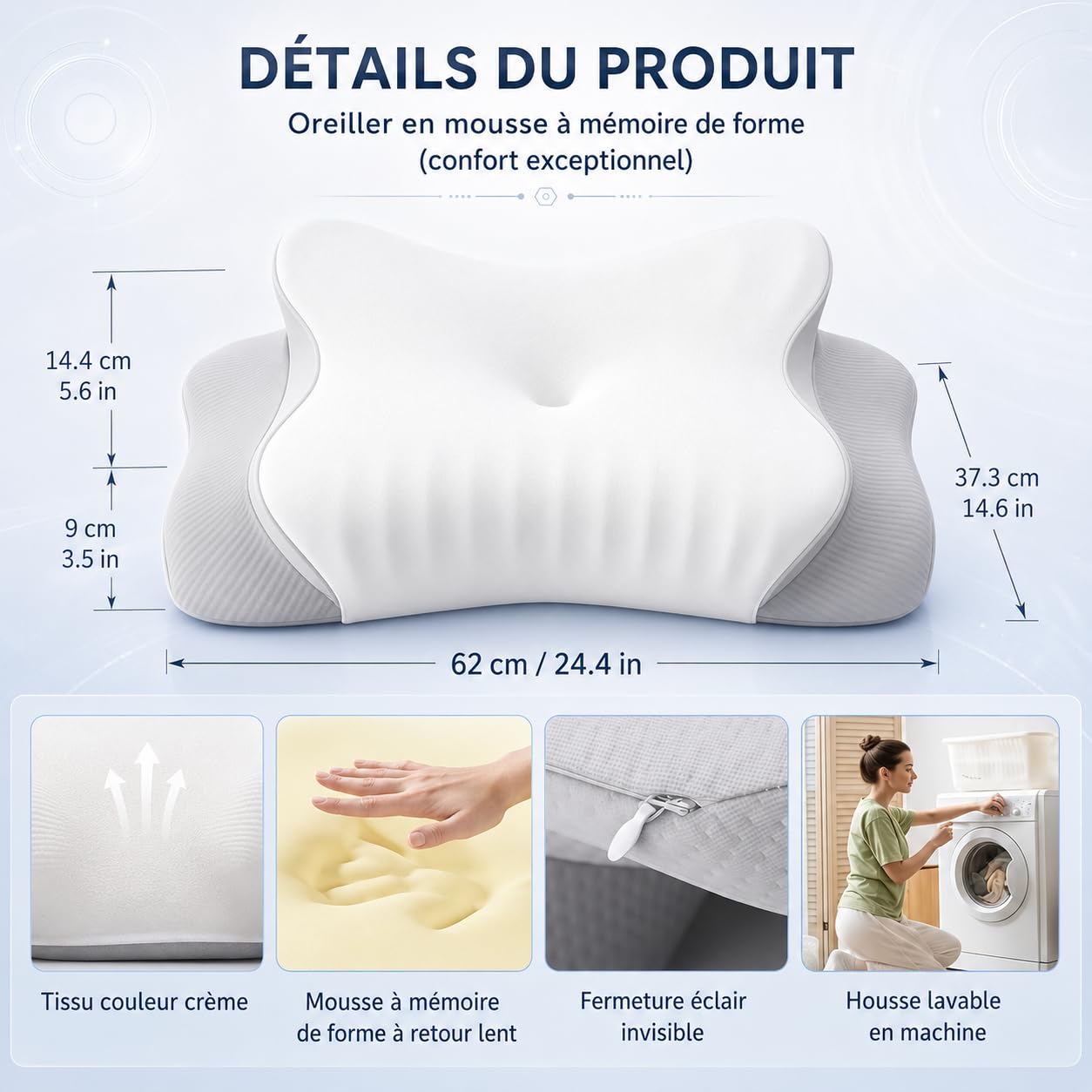 SOYA 3.0 Paris Oreiller Memoire De Forme Cervical Ergonomique Anti Douleur Nuque Double Hauteur Confort Sommeil Profond Bleu (Bleu*1)