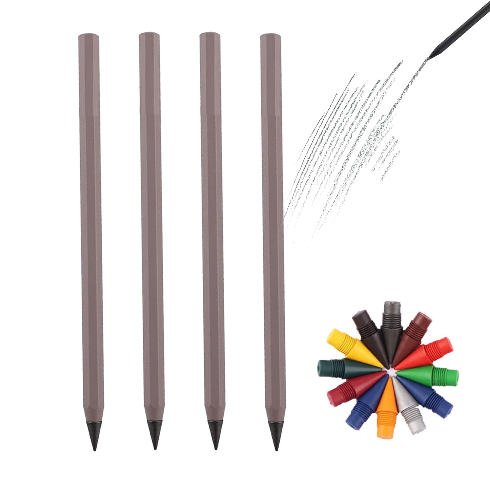 everpen Forever Pencil,Metal Infinity Pencil with Replaceable Nib, Metal Alloy Writing Instrument, With 12 Colored Refill Tips, Pencils for Drawing, Sketching and Writing (4pcs-Brown+Colored Pen Tip)