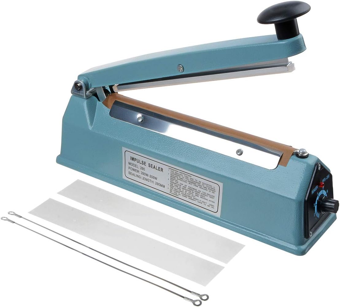 8″ (200mm) Impulse Sealer Upgrade Thicken Iron case- Manual Poly Bag Heat Sealing Machine Closer Kit w/Adjustable Timer, Portable with Free Replacement Element Grip and Teflon Tape (8 Inch)