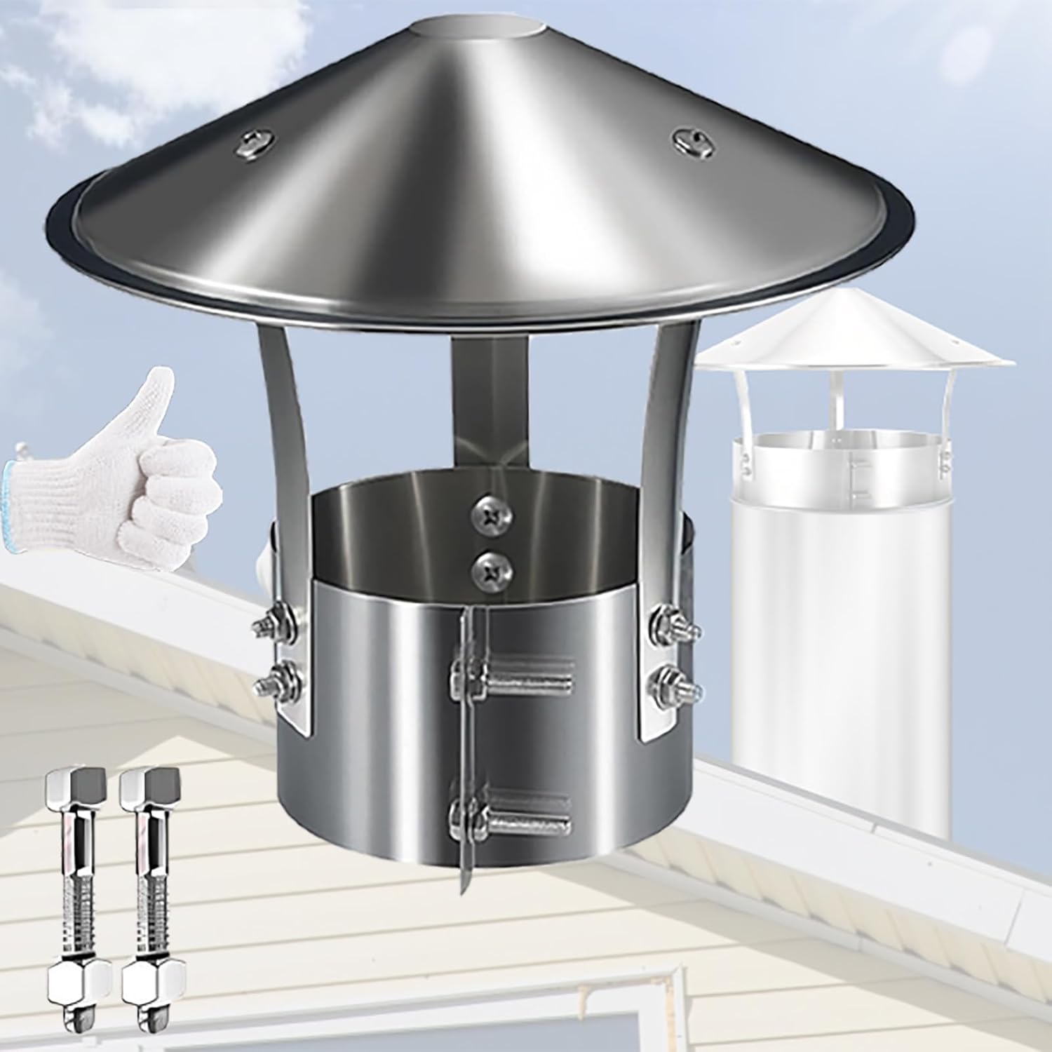 304 Stainless Steel Exterior Stove Pipe Cover, Round Chimney Cap with Gloves, Adjustable Proof Chimney Cap, Replacement Chimney Cap for Roof Exhaust Vent(250mm(10in))