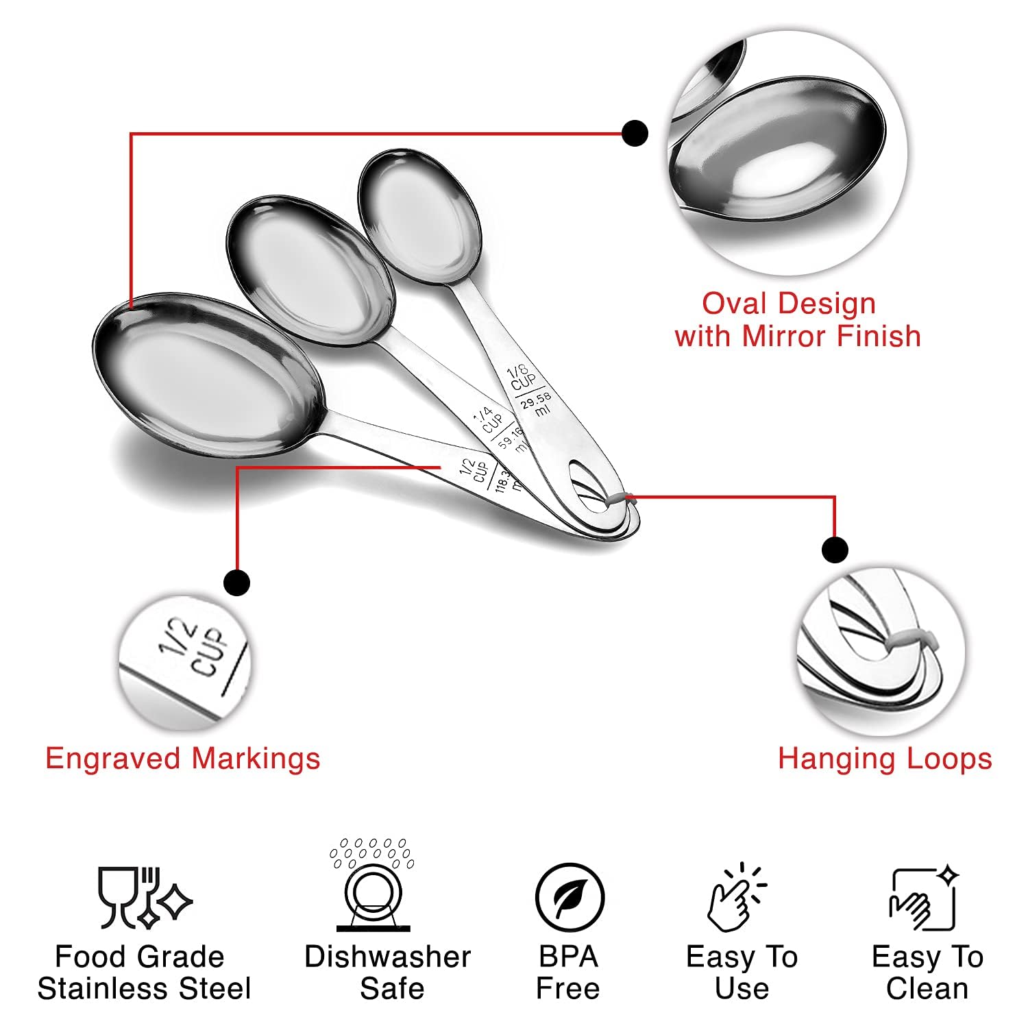 STEREN IMPEX | Stainless Steel Measuring Cup Set of 3 pcs | for Dry or Liquid/Kitchen Gadgets for Cooking & Baking Cakes/Measuring Cup Set with Handles (1/2,1/4&1/8 Cup) 2