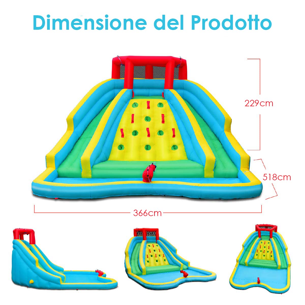COSTWAY Castello Gonfiabile per Bambini, Parco Acquatico Gonfiabile con 2 Scivoli, Piscina, Parete di Arrampicata, Cannone, Borsa di Trasporto e Kit di Riparazione, 452x365x233 cm (Con Soffiatore)
