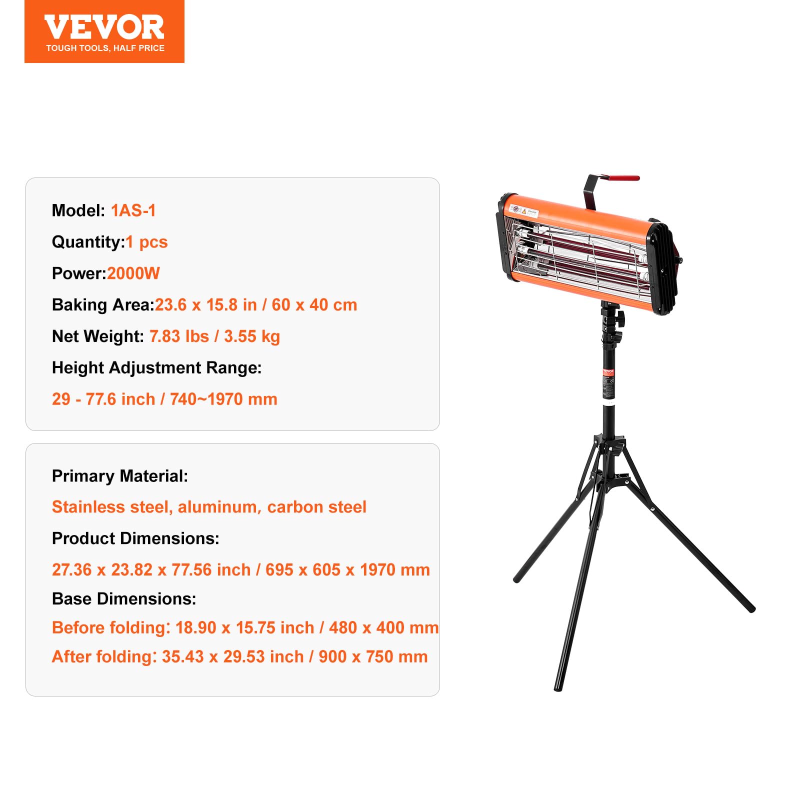 VEVOR Infrarot-Härtungslampe, Hand-/Ständer-Doppelnutzung, 2000 W, 0–90 Min. Zeiteinstellung, Auto-Härtungslampe mit automatischer Heizung und Halterung, 32 m² große Sprüh-/Backkabinenheizungen