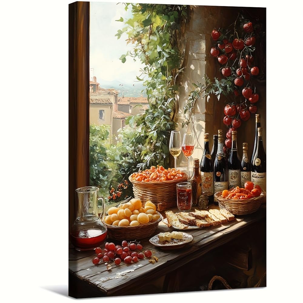 LSYALUCK Table Art Print, Traditional Italian Food Still Life with Fresh Fruits Print and Posters Cheese Wine & Bread wall pictures(40x65cm(16x26in)/Unframed)