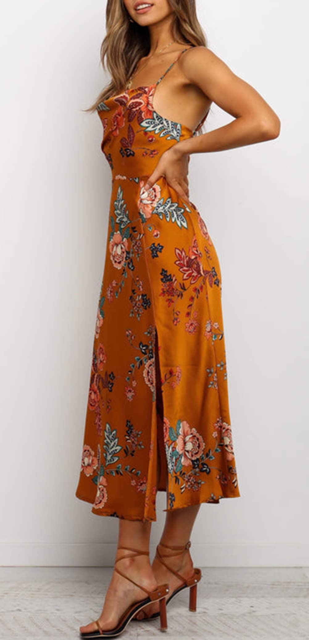 Cantonwalker Women's Satin Spaghetti Straps Cowl Neck Sexy V-Back Cross Slip Cocktail Formal Midi Dress 0238