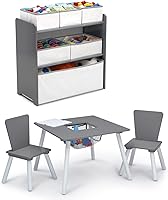 Delta Children 4-Piece Toddler Playroom Set: Table, 2 Chairs & 6-Bin Toy Organizer - Grey/White, Ages 2+