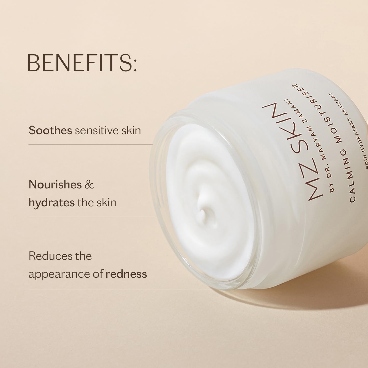 MZ SKIN Calming Moisturizer 1.69 fl oz - Prebiotic-Enhanced Daily Hydrating, Soothing Face Cream with Squalane & Centella Asiatica Cica for Sensitive Redness Prone Skin, Fragrance Free
