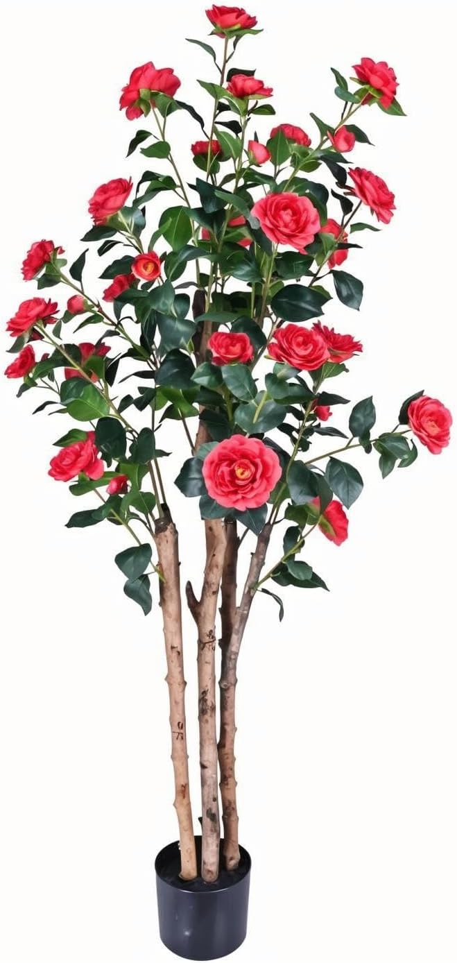 Decorative Artificial Camellia Tree with Realistic Blooming Red Flowers, 5FT Potted Fake Tree for Indoor Home Decor, Faux Camellia Plant for Front Door
