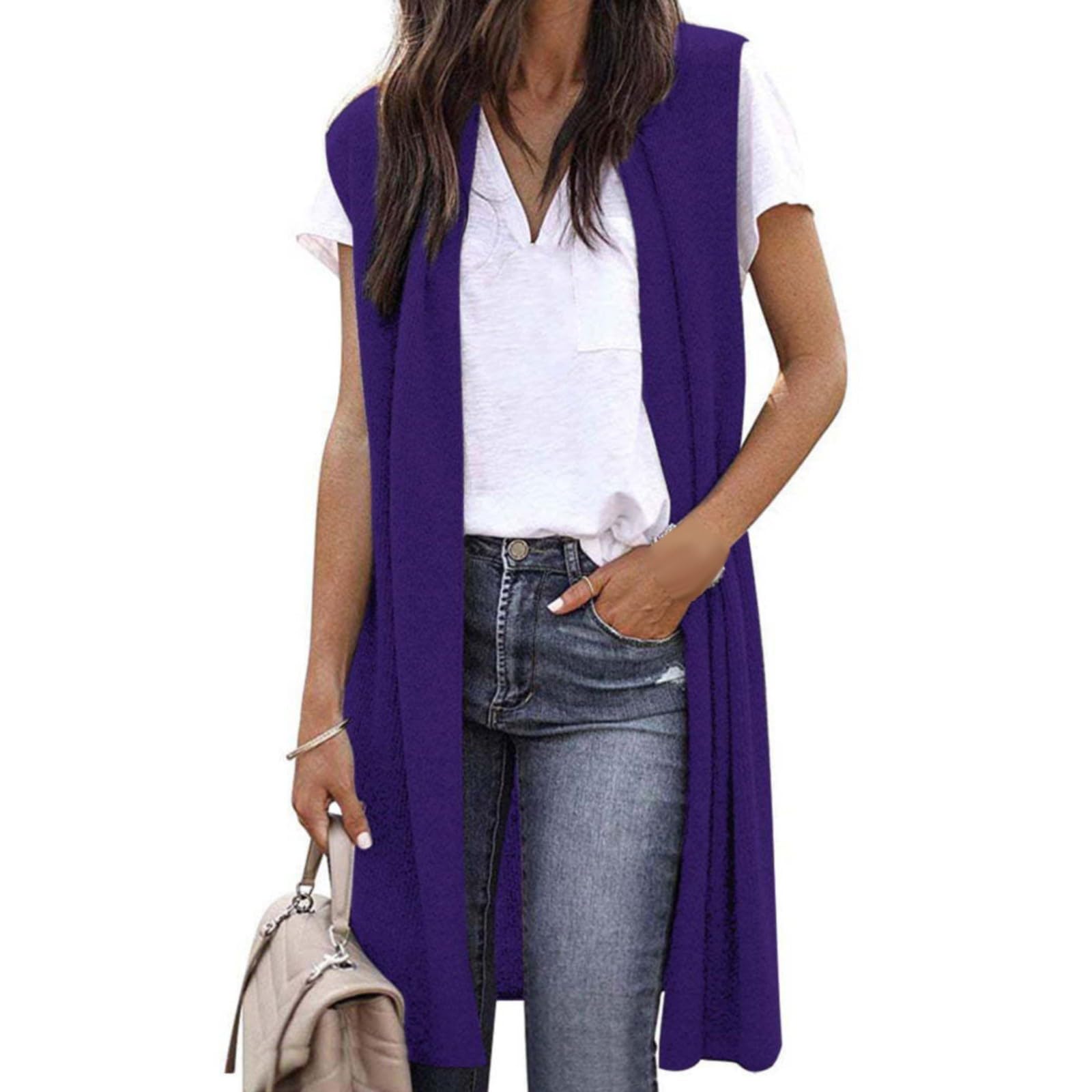 Chaqueta de punto para mujer de un solo color con frente abierto, chaleco de punto largo elástico, chaleco informal sin mangas, elegante, fino, sin mangas, abrigo de punto, cárdigan de punto monocolor