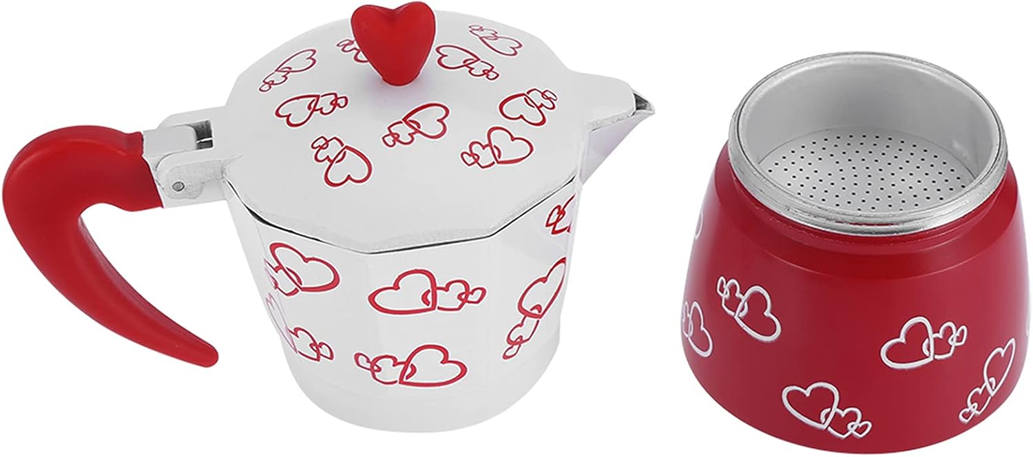 BAFOVY Zerone Heart-Shaped Mocha Pot, Aluminum Coffee Maker Kettle, Red, for Household and Office Use