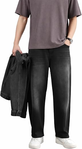 Men's Wide Leg Jeans, Dark Grey Washed Denim, Straight Fit, Casual Style