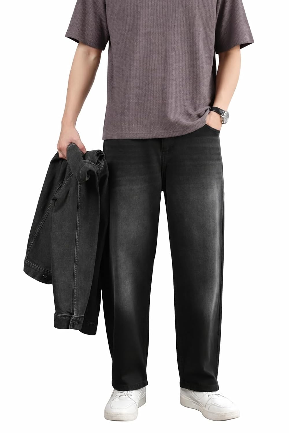 Men's Wide Leg Jeans, Dark Grey Washed Denim, Straight Fit, Casual Style