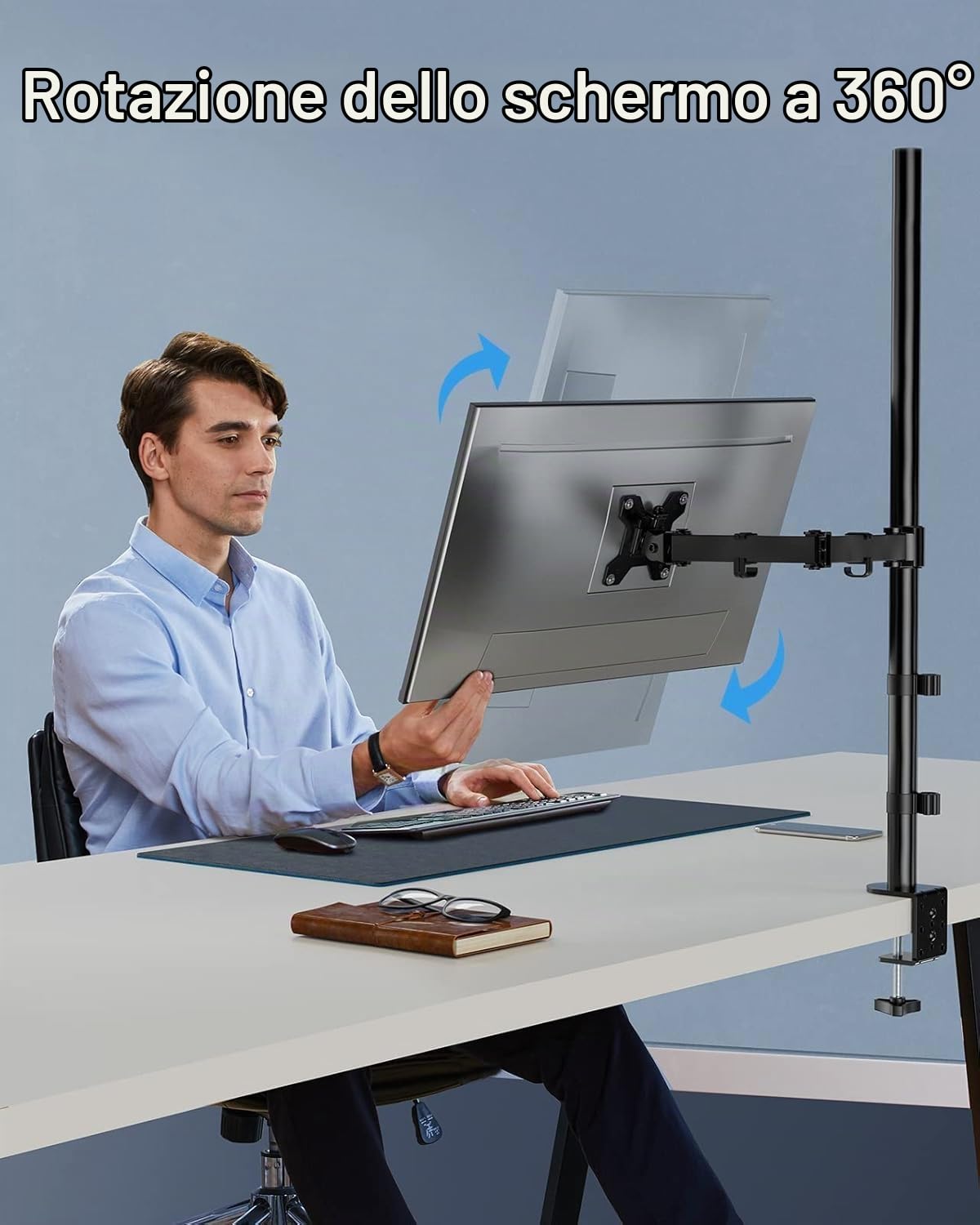 HUANUO Braccio Monitor,supporto regolabile per schermi 13″ - 32″, schermi ultrawide da 38″,supporto monitor singolo extra-alto da 1010mm per monitor con capacità da 10 kg con base a morsetto/passacavo