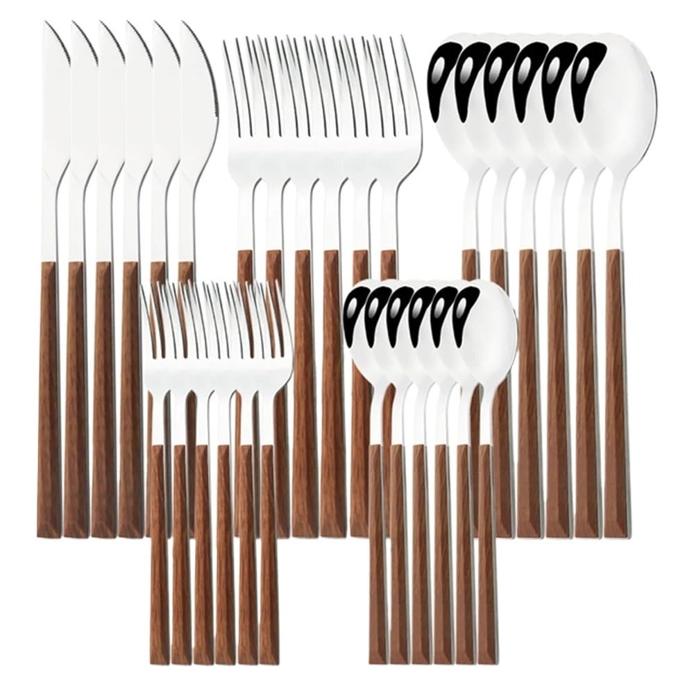 Juego de cubiertos de acero inoxidable y madera con detalles de diseño elegante
