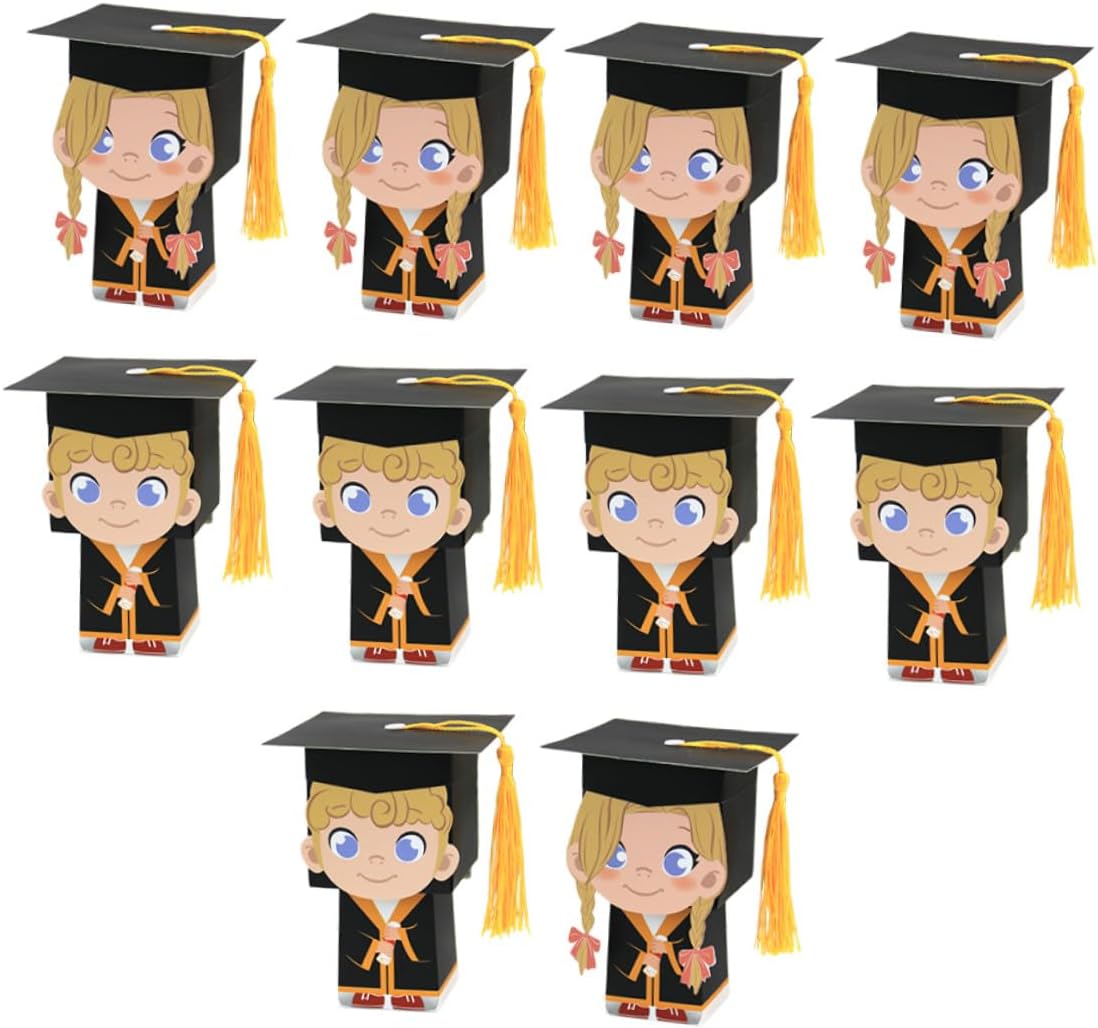 PRETYZOOM 10pcs Graduation Candy Boxes Doctoral Cap Shaped Party Sweets Boxes with 5 Boys and 5 3d Graduation Hat Designs for Ceremony and Celebration