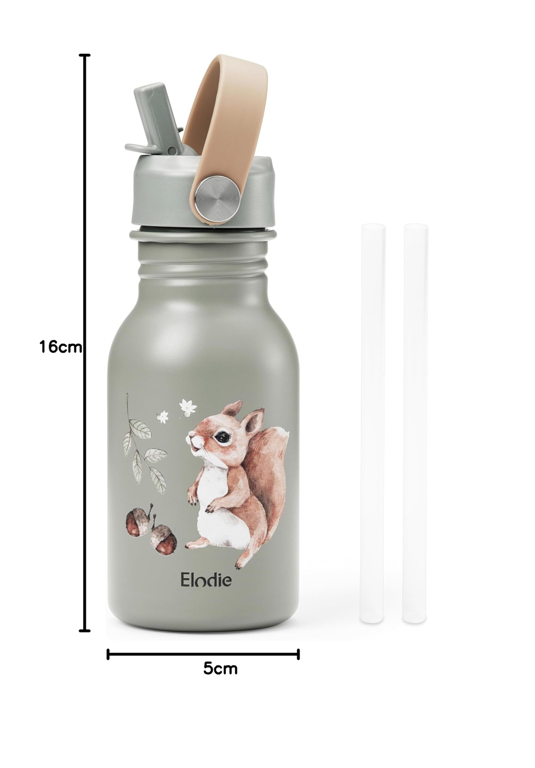 Elodie Details Gourde Enfant Inox, Bouchon Anti-Fuite avec Paille et Poignée pour Enfants, Facile à Ouvrir, Sans BPA, Facile à Nettoyer, Bouteille Idéal École & Activités, 350ML, Chipmunk Darling
