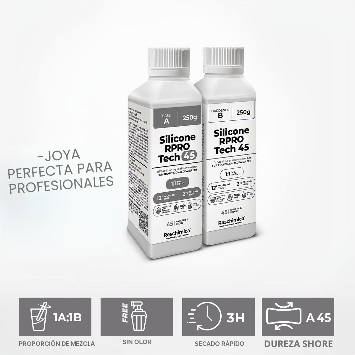 RESCHIMICA Goma de Silicona Transparente R Pro Tech 45 (1 kg) | no Toxica, Silicona Líquida para la Fabricación de Moldes de Silicona, Caucho Silicona para Moldes de Resina DIY 1:1