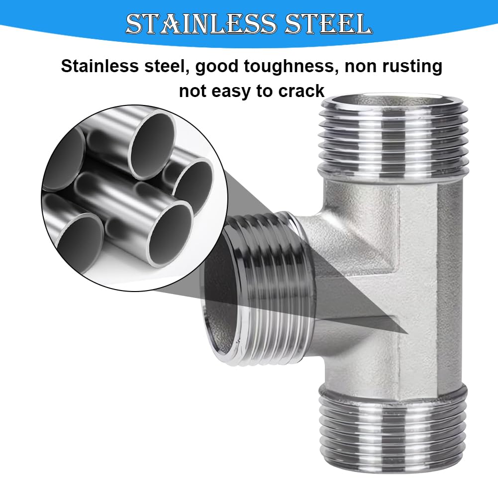 2 Stück Edelstahl T-Stück 3/4 Zoll, 3/4" AG Edelstahl 3-Wege T Verteiler, 3/4" BSP Außengewinde T förmig, DN20 T-Stücks Wasseranschluss, 3 Wege T-Verbindungsstück, 3 Wege T-Verbinder für Sanitär
