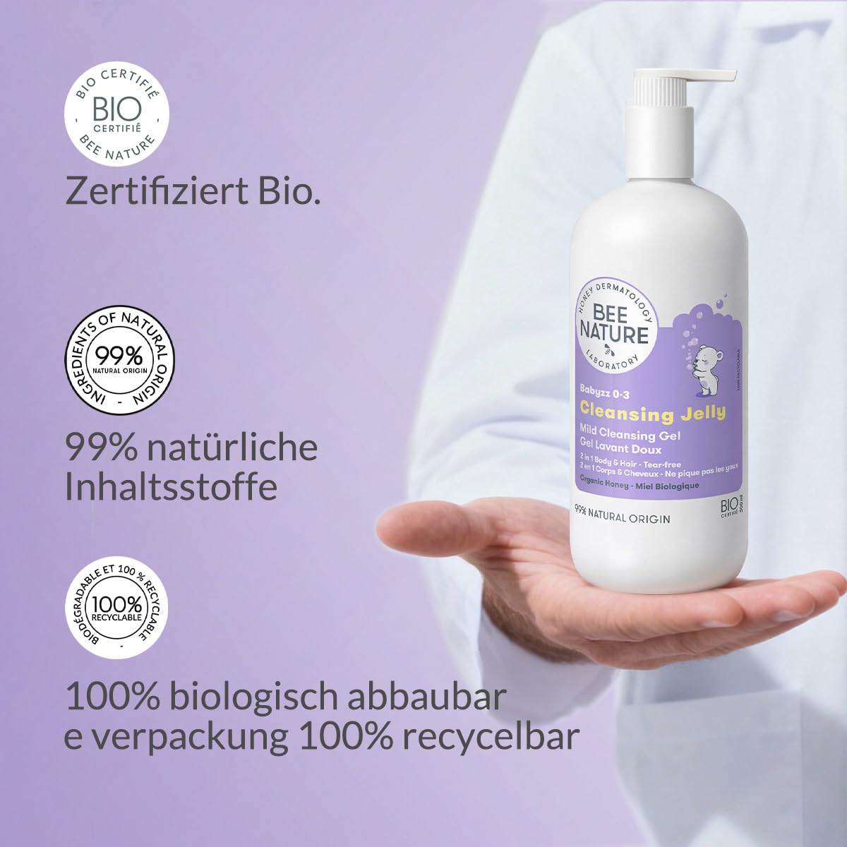 Bee Nature - 2 in 1 - Baby Duschgel - Bio-Honig - Lindert Hautausschlag - Reinigt und Spendet Feuchtigkeit - Tränenfrei - Geeignet für Neugeborene mit Trockener, Empfindlicher Haut - 500ml
