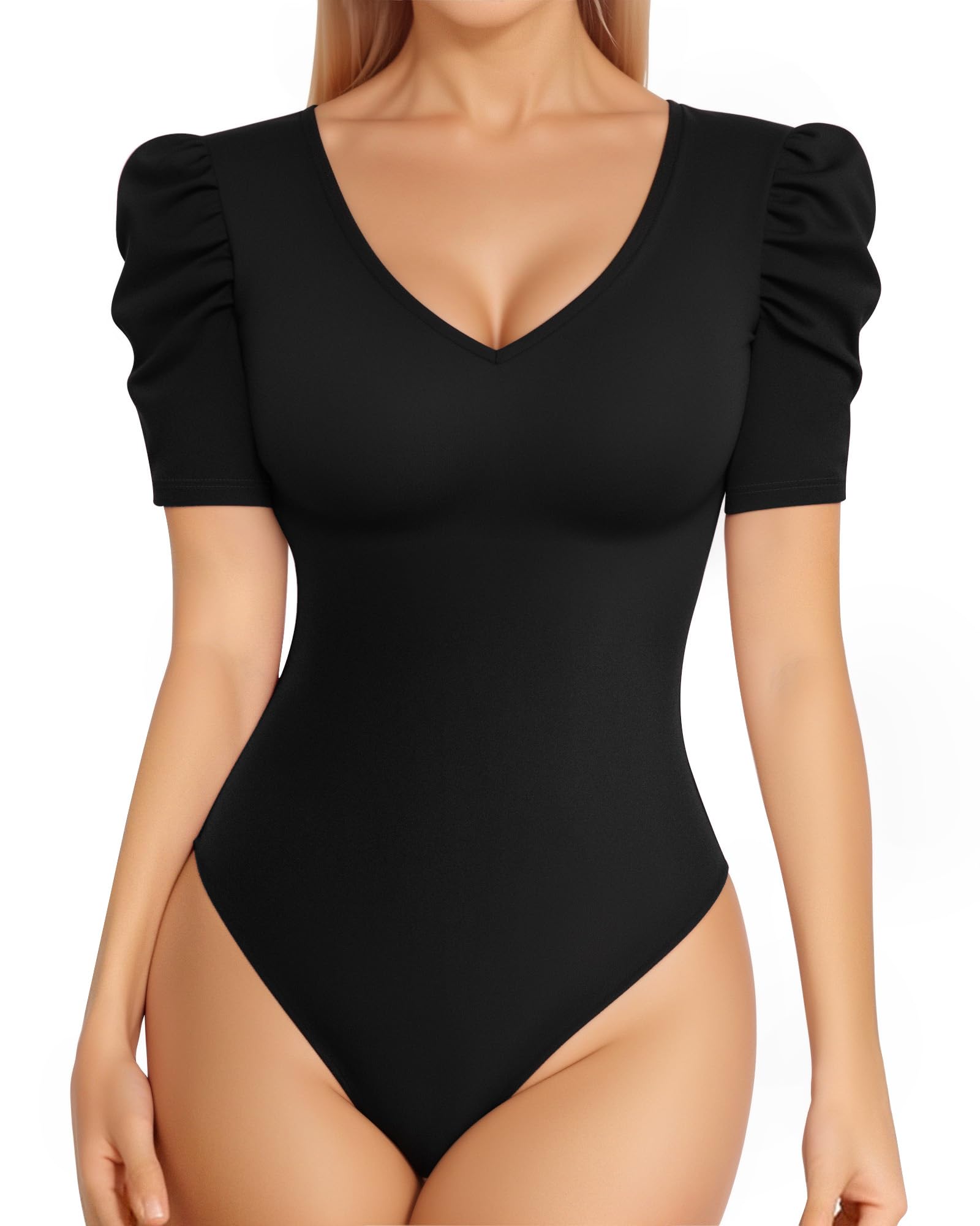 Women's Bodysuit Deep V Neck Puff Short Sleeve Slim Fit Body Suits Casual Blouse Tops Elegant