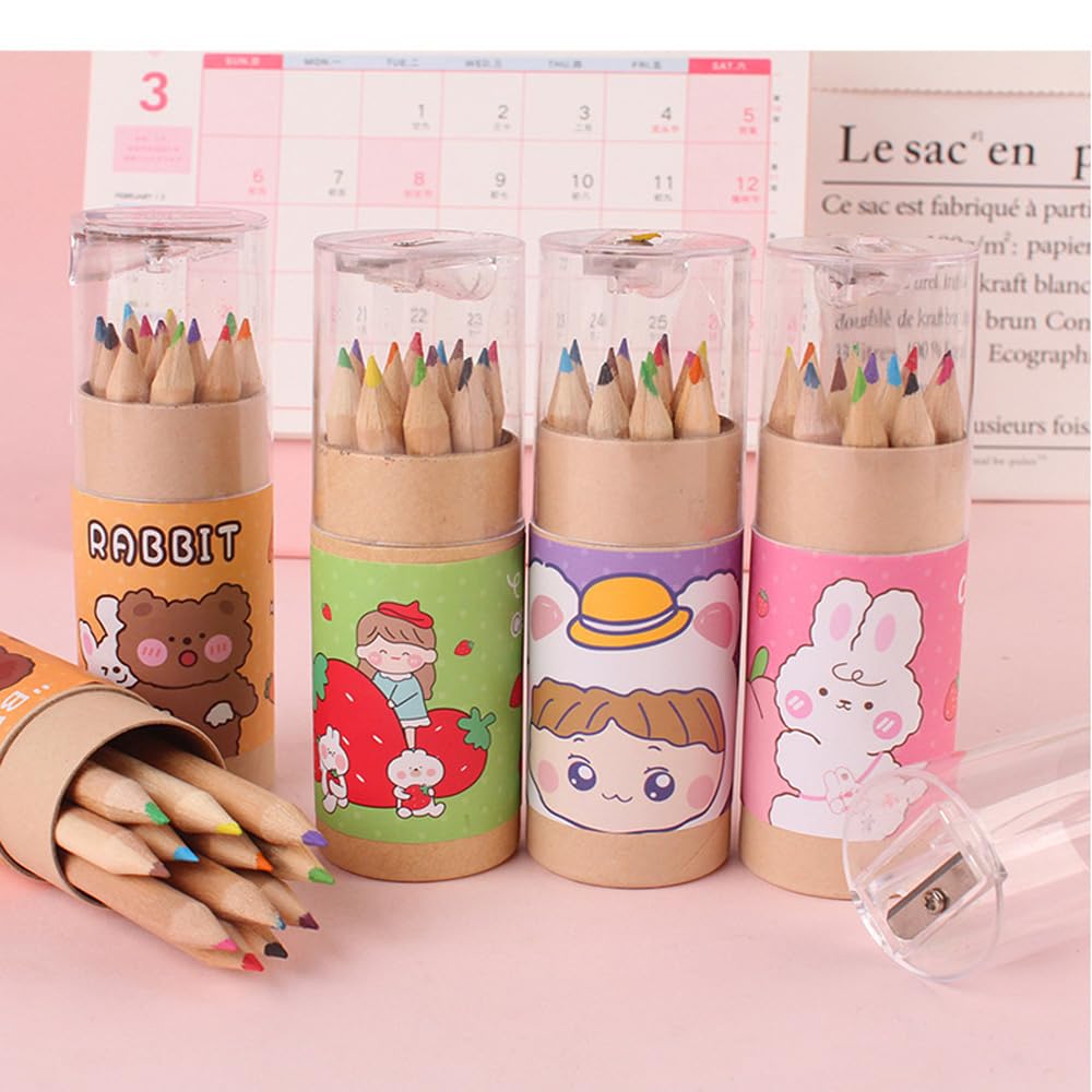12 Pack*12 Colours Cartoon Coloured Pencils, Cute Mini Portable Pencils with Sharpener, Colouring Pencils for Adult Children Drawing Sketching and School Classroom Gift Supplie
