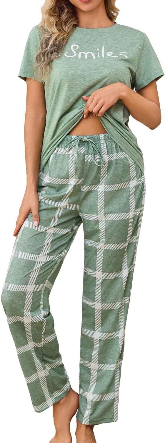 difficort Womens Pajama Sets Short Sleeve Pjs Tops with Long Pants Sleepwear Lounge Set with Pocket