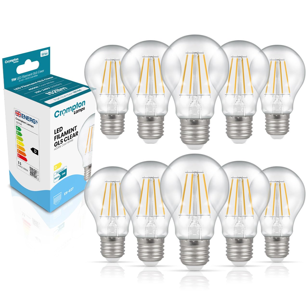 Crompton Lamps Filament GLS LED Light Bulb ES-E27 | 11W = 100W Equivalent | Cool White 4000K | Energy Efficient | Edison Screw Lightbulb | Long Life 15,000-Hrs | Clear Glass | Dimmable | 10-Pack