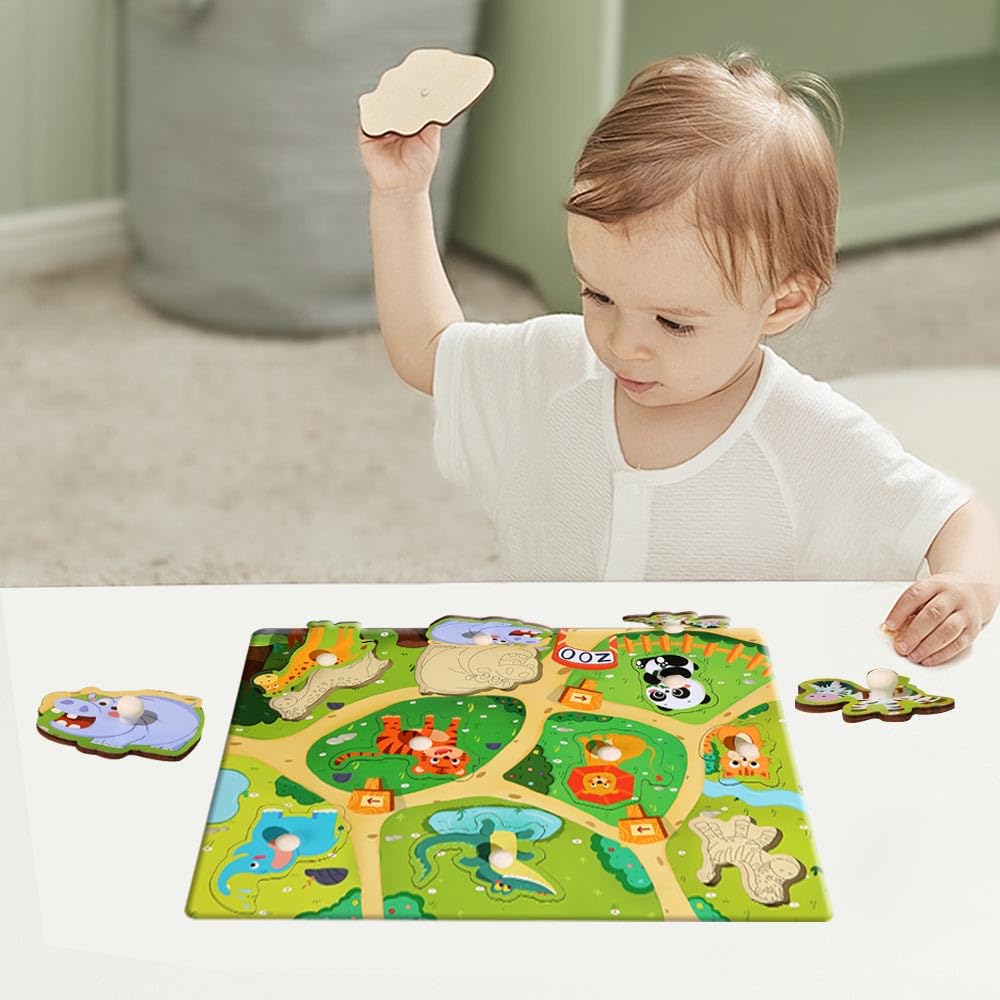 Puzzle De Madera Montessori Para Niños 1 2 3 Años - 9 Animales Con Botones Grandes, Juguete Educativo Motricidad Fina