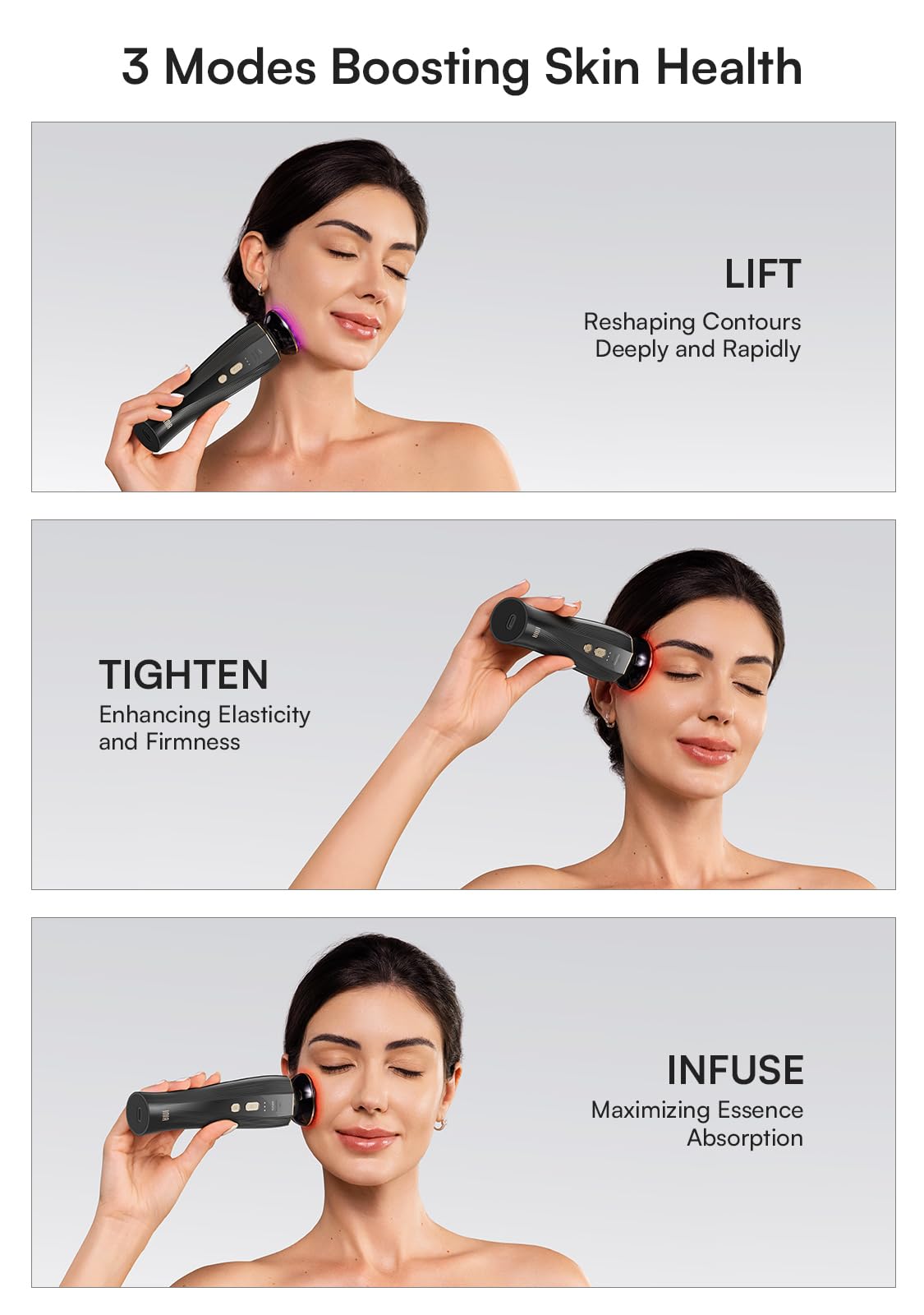 INIA 3-in-1 Skin Tightening Device True Beauty Glow Facial Massager Red Light Therapy for Face and Neck