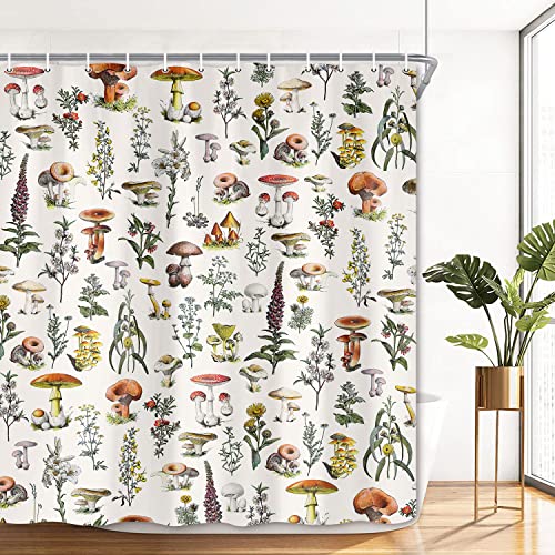 Wathon Vintage Botanical Shower Curtain Plants Herbs Mushroom Cottagecore Bath Curtain Nature Floral Bathroom Decor Aesthetic Neutral Beige Bath Set Boho Bathroom Accessories 72X72In #TOP3