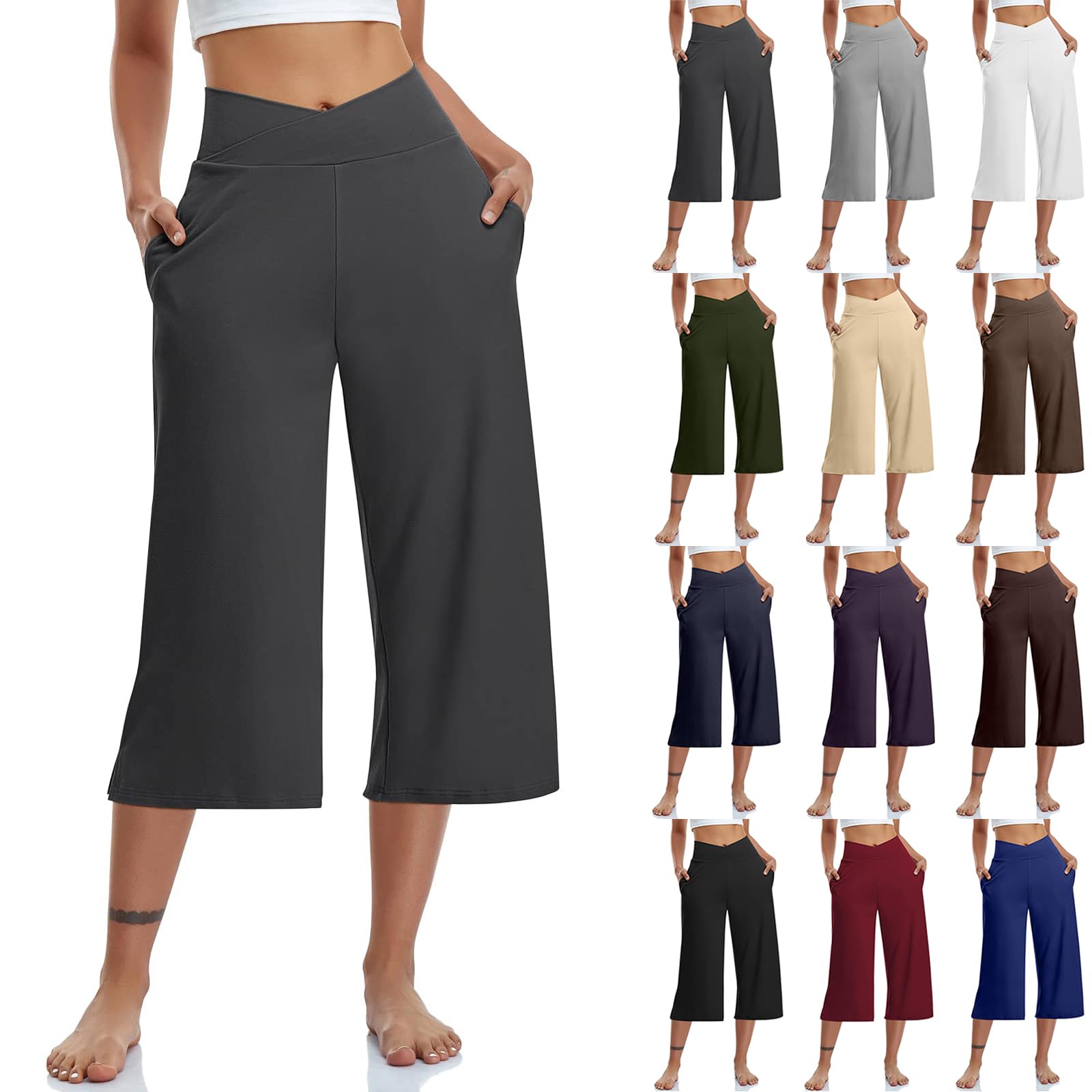 Capris Pants for Women Crossover Wide Leg Yoga Capris with Pockets Tummy Control Capri Leggings with Pockets Plus Size Casual Cropped Yoga Pants Loose Flare Athletic Workout Dress Pant