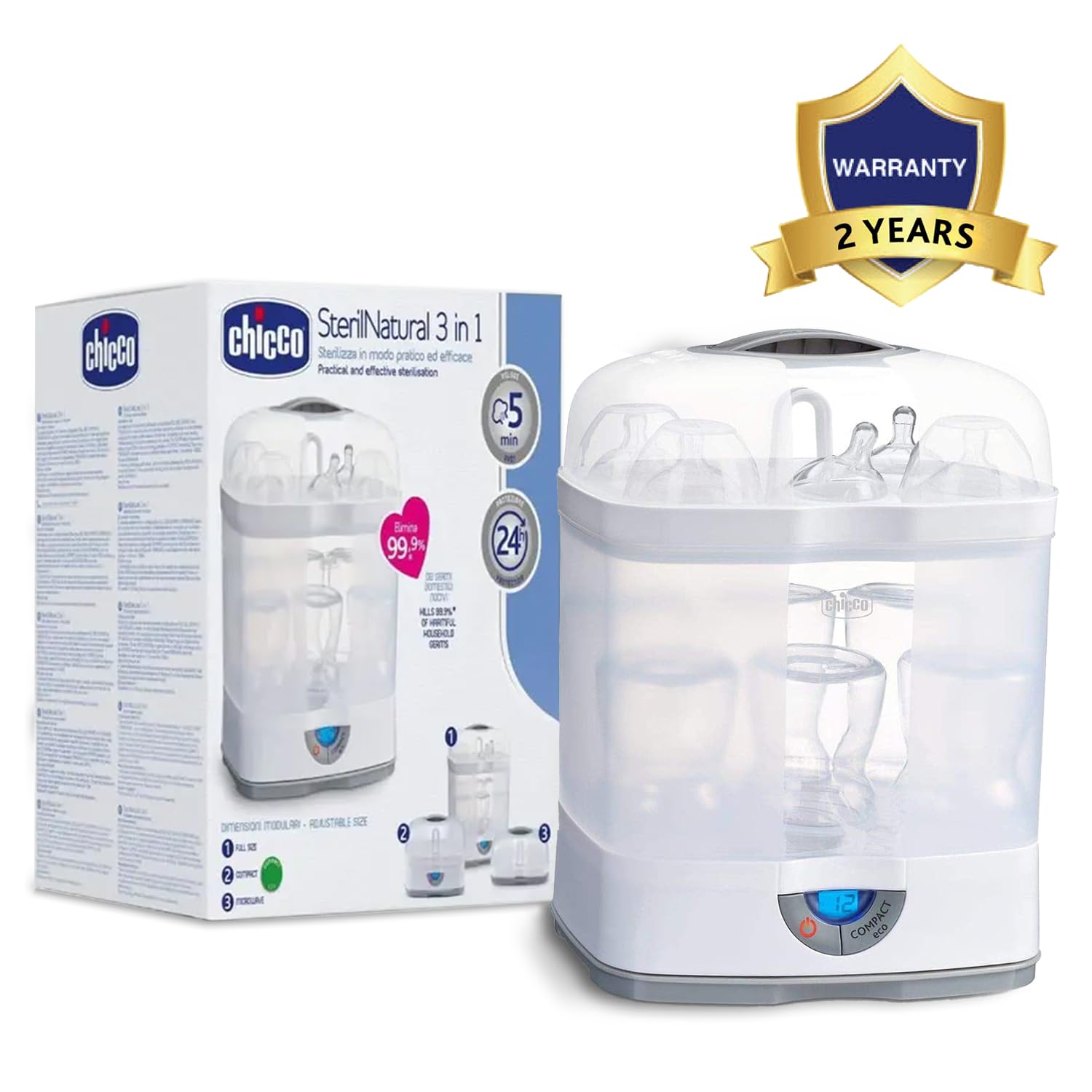 Chicco SterilNatural Sterilizzatore Biberon 3in1, Sterilizzatore Modulare a Vapore Naturale Adatto per il Microonde, con 3 Configurazioni, Veloce e Facile da Usare, Fino a 6 Biberon da 330 ml, Bianco