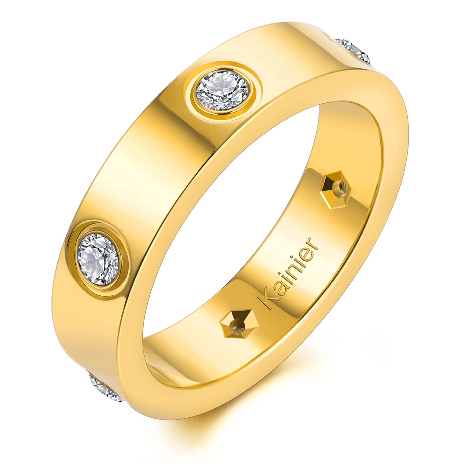 Kainier 5mm Wedding Bands 14K Gold Plated Rings Cubic Zirconia Stones Stackable Promise Rings for Women and Men Fashion Classic Ring Gold Band Comfort Fit Size 5 to 10