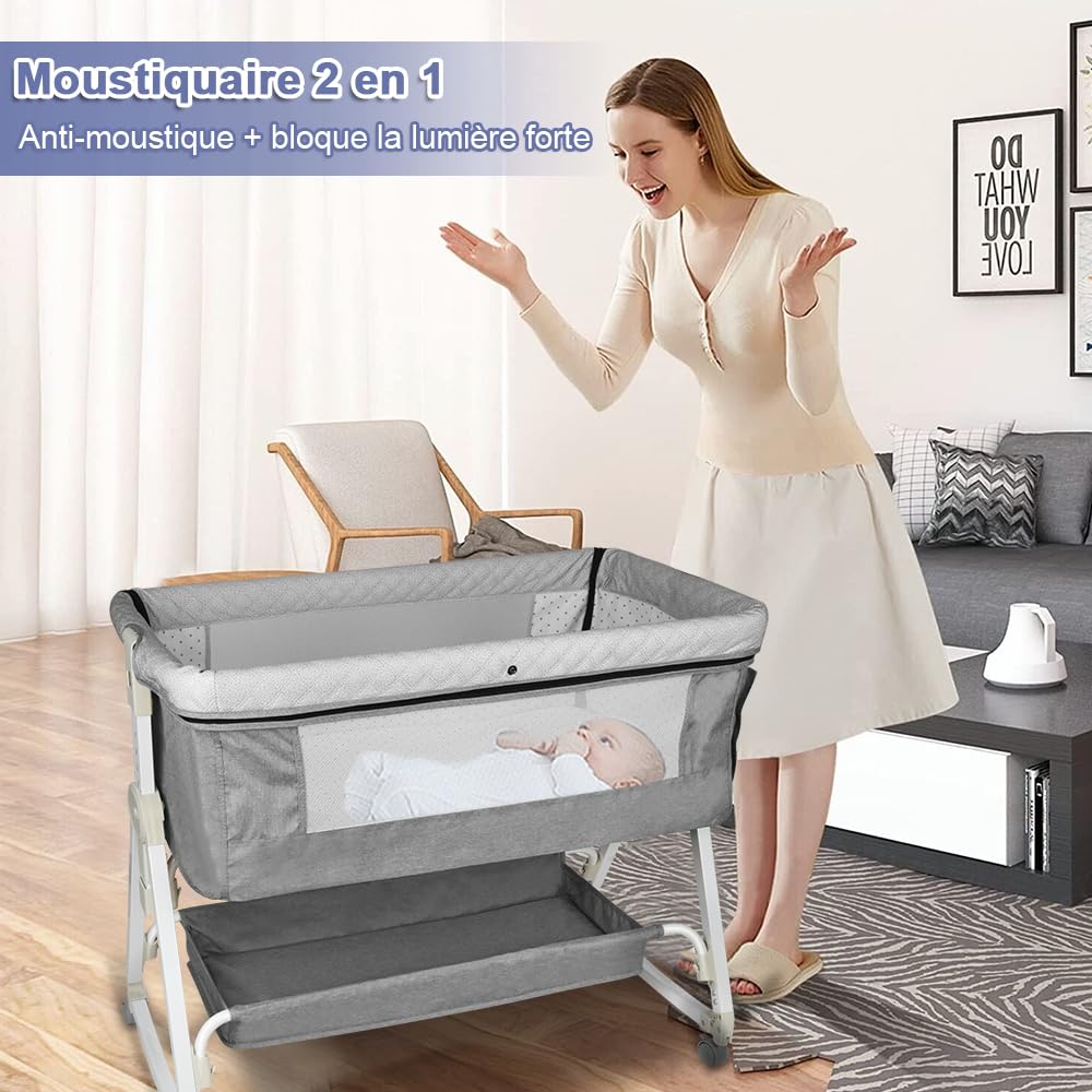 Supfine Berceau Cododo 4 en 1 Lit Bébé Multifonction avec Table à Langer et Rangement, 6 Niveaux de Hauteur, Lin Gris 95x50x98-110 cm