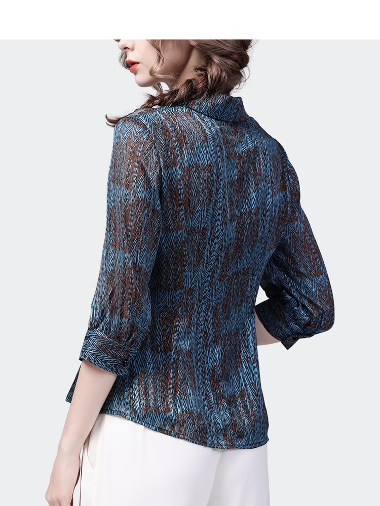 Camisa a Rayas con Estampado de Gasa Sedosa para Mujer, Blusas holgadas con Manga Tres Cuartos y Cuello Vuelto, Blusas para Primavera y Verano (Azul S)