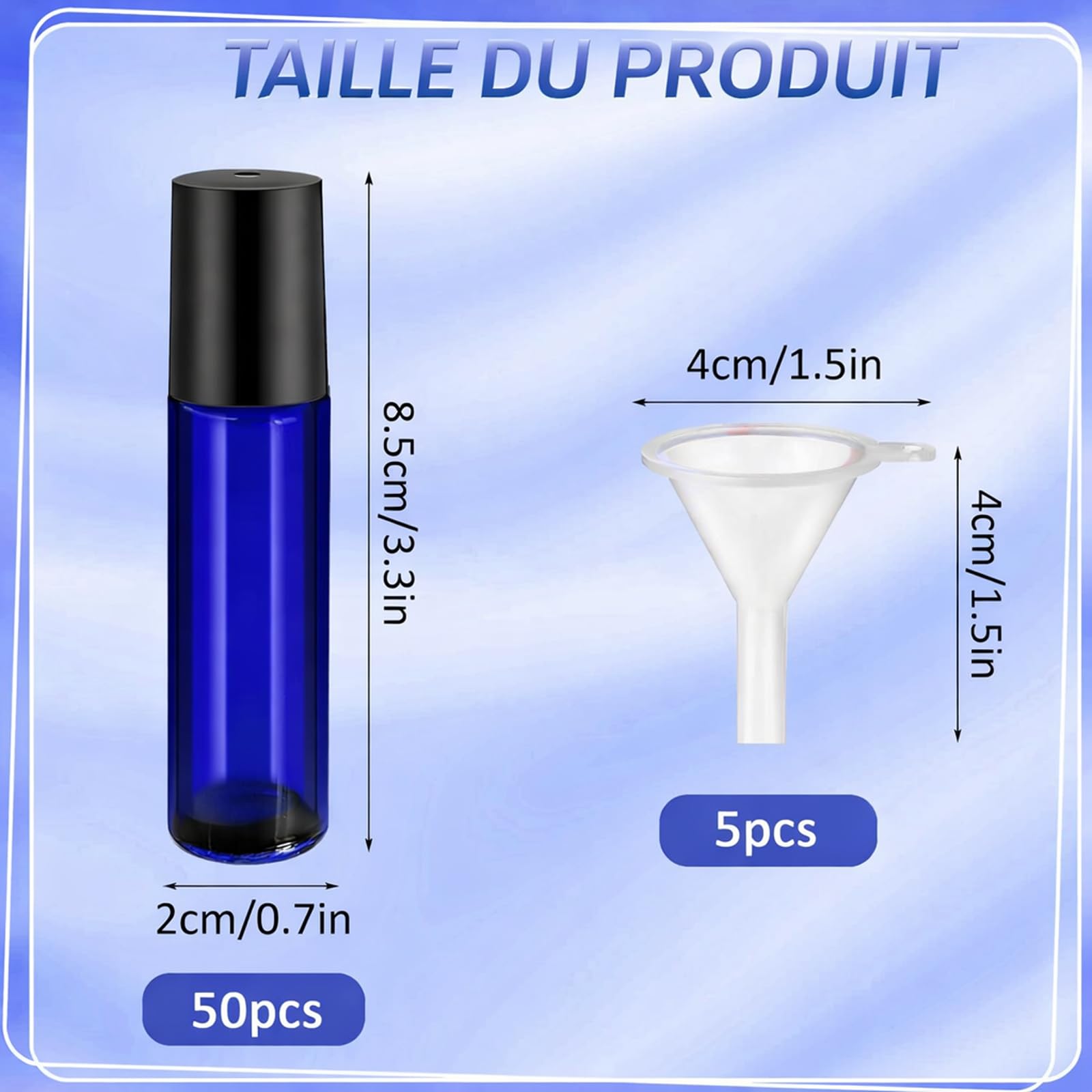 Lot de 50 Flacon Roll On Vide 10ml pour Huiles Essentielles – Flacons en Verre Roller avec Bille en Acier Inoxydable, Rechargeables et Vides pour Parfums, Aromathérapie, Massage, Voyage (Bleu)