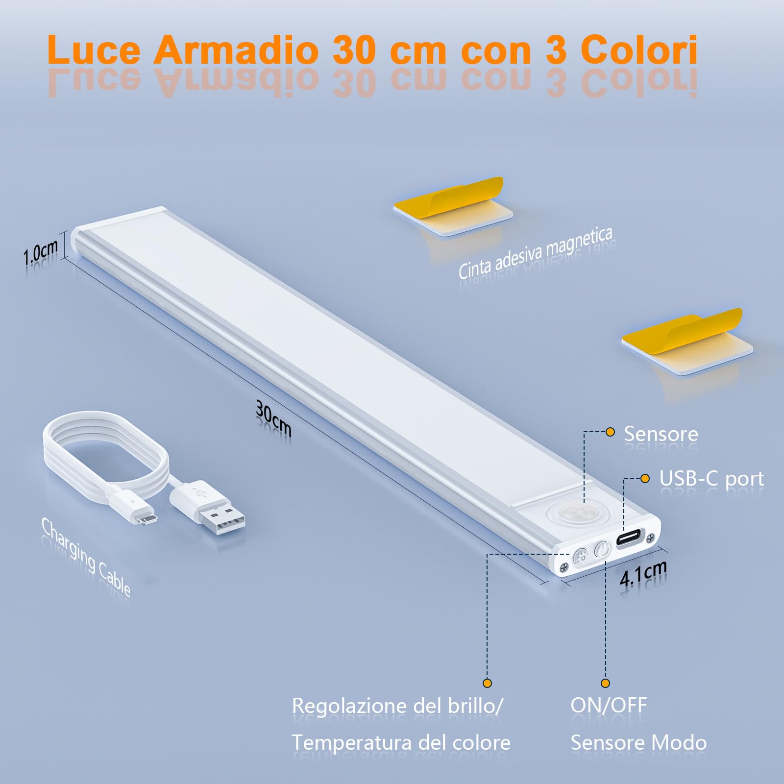 TRUMPETS 30CM Luce Armadio Con Sensore Movimento 3 Colore 2500mAh USB-C Ricaricabile, LED Sottopensile 3 Modalità Magneti, Per Cucina, Scale